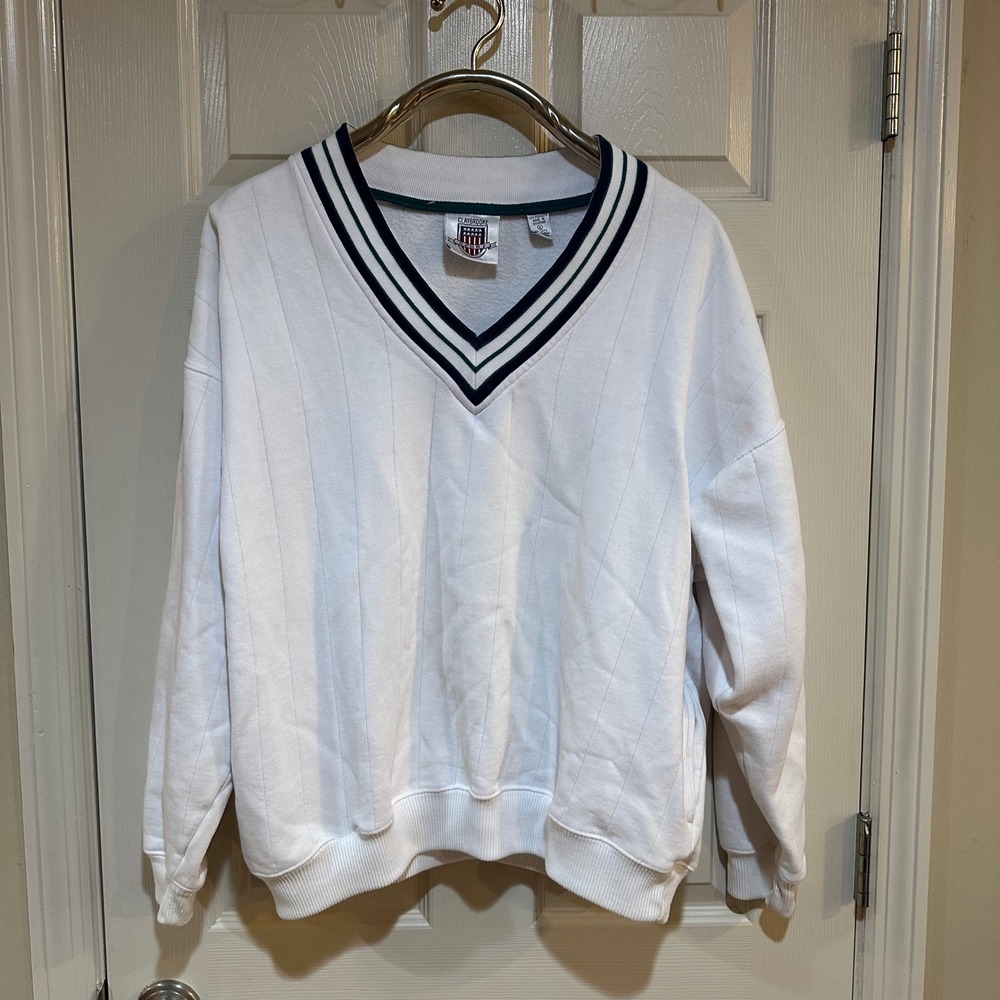 Vintage Claybrooke Sport V Neck Sweatshirt White Striped Trim XL‎